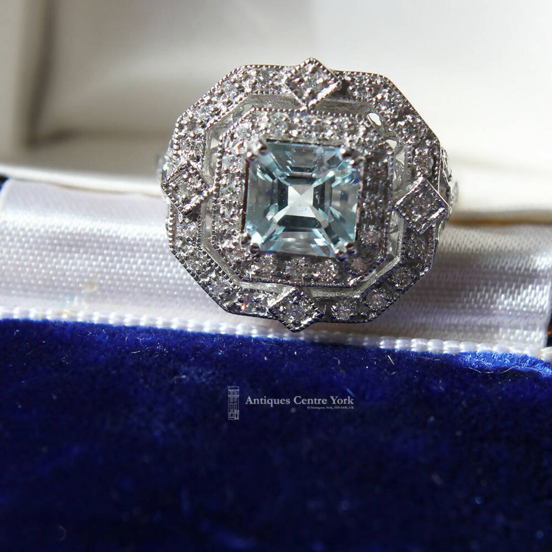 18ct White Gold Aquamarine & Diamond Double Halo Octagonal Cluster Ring