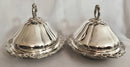 Late Georgian pair of Sheffield Plated, crested, entree dishes and covers.