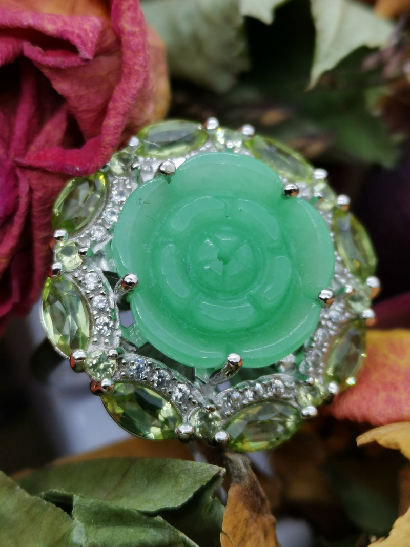 New Green Jade, Peridot and Natural Cambodian White Zircon Carved Jade Ring (Size P) in Rhodium Overlay Sterling Silver