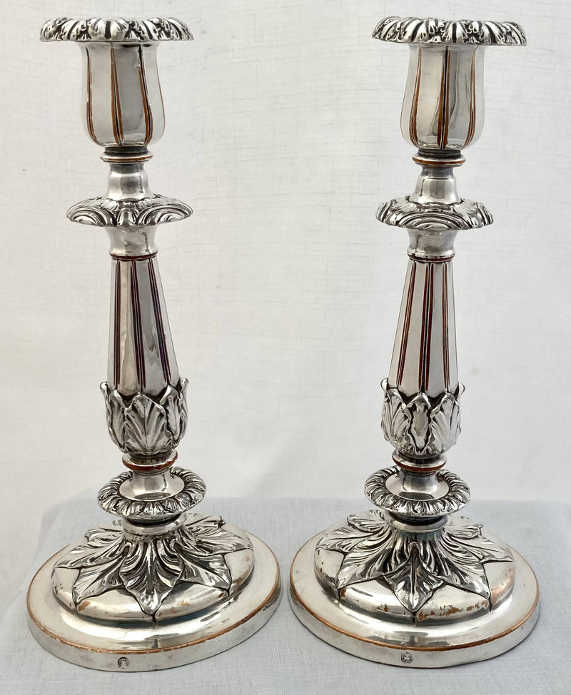 Late Georgian Pair of Old Sheffield Plate Candlesticks. Roberts, Smith & Sissons. circa 1830 - 1840.