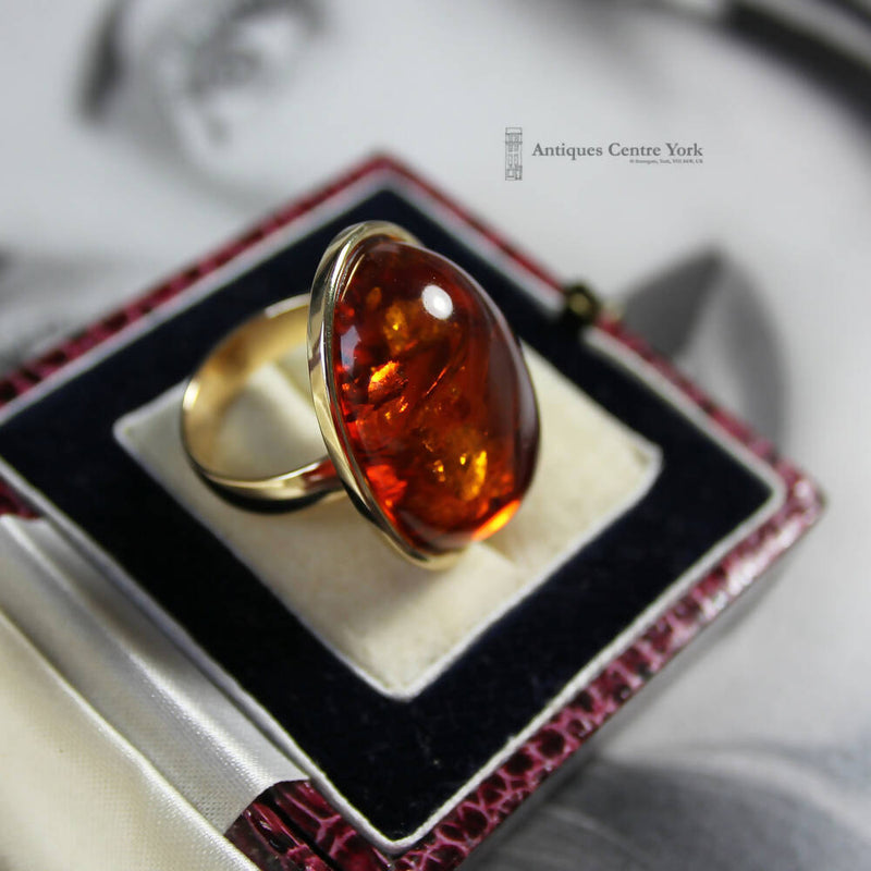 Large 14ct Gold Baltic Amber Ring by Danish Designer Halberstadt Willy Fagert