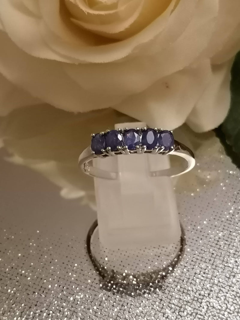 New Burmese Sapphire 5 Stone Sterling Silver Ring - Size R/S