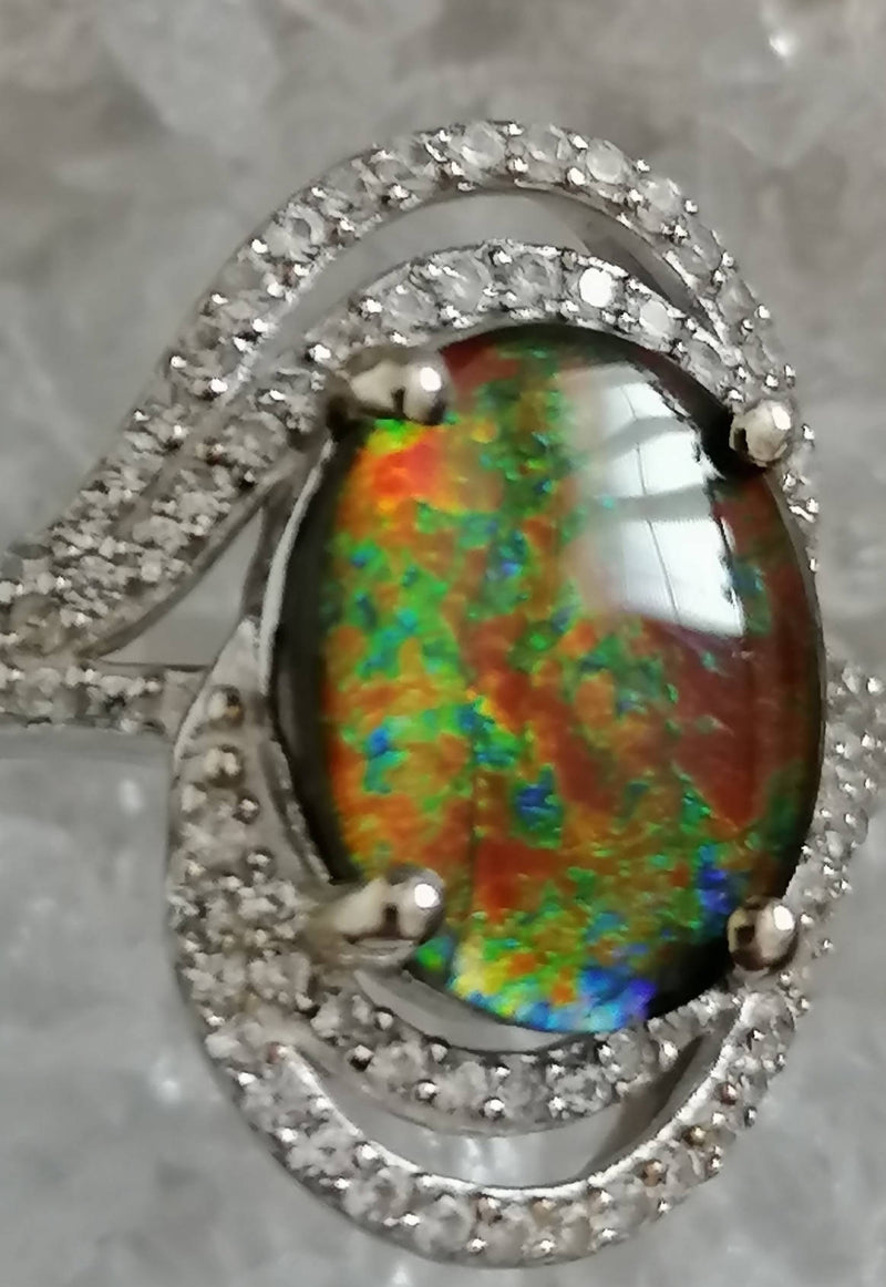 New AA Canadian Ammolite Natural Cambodian Zircon Ring in Platinum Overlay Sterling Silver - Size T