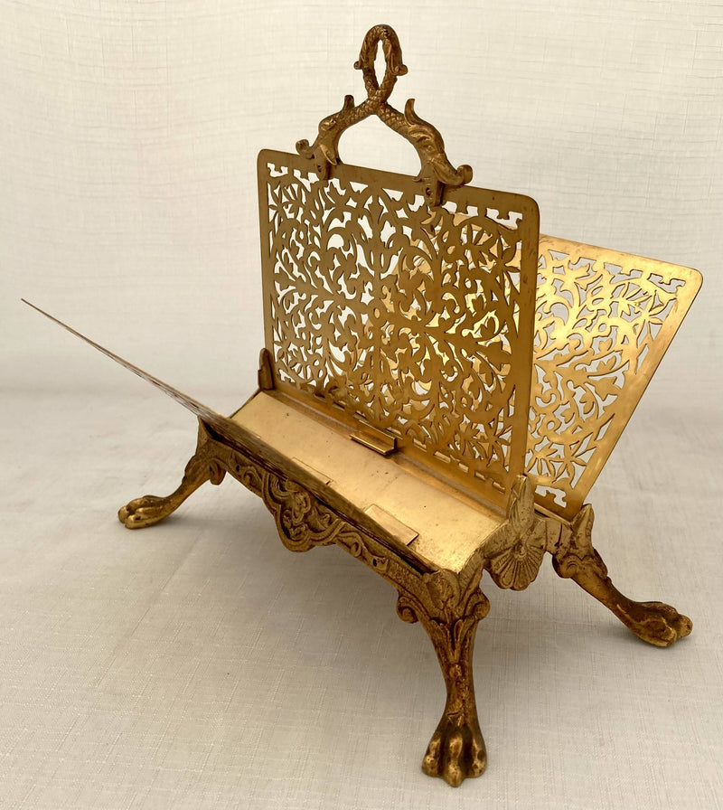 Gilt Metal Correspondence Stand on Lion Paw Feet with Dolphin Handle.