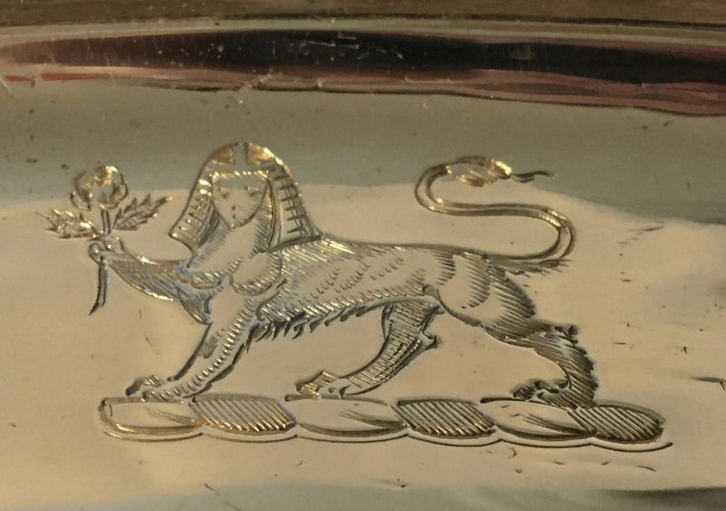 Georgian, George III, silver gilt meat tray with sphinx crest of Lambert. London 1808 William Bennett, 54 troy ounces.