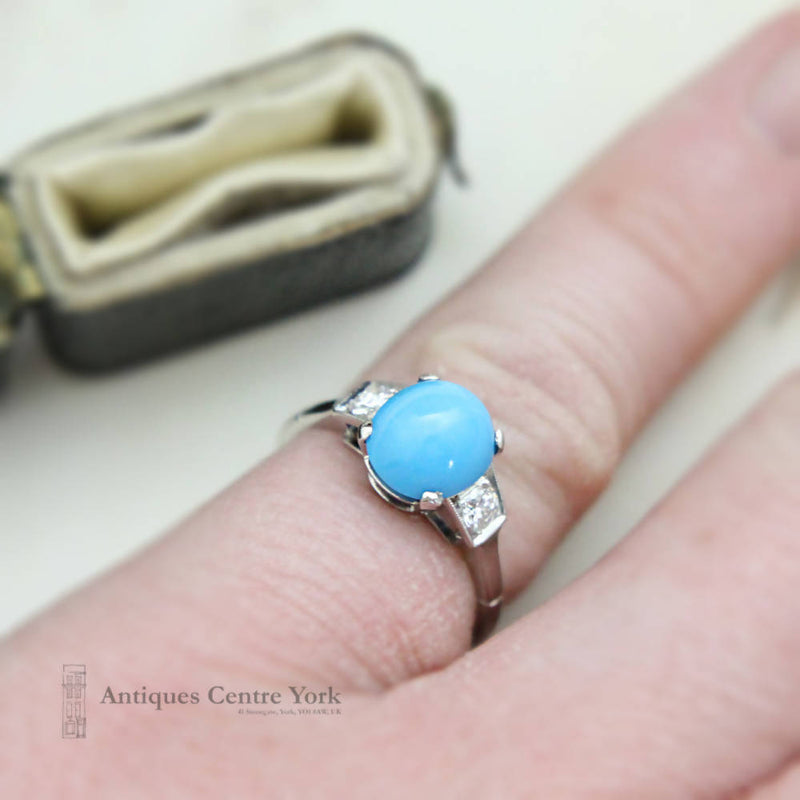 Edwardian Platinum Turquoise & Diamond Three Stone Ring