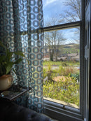 Squircles funky -contemporary Style Madras Blue /brown Cotton Lace Curtain Panel remnant 68”/86”