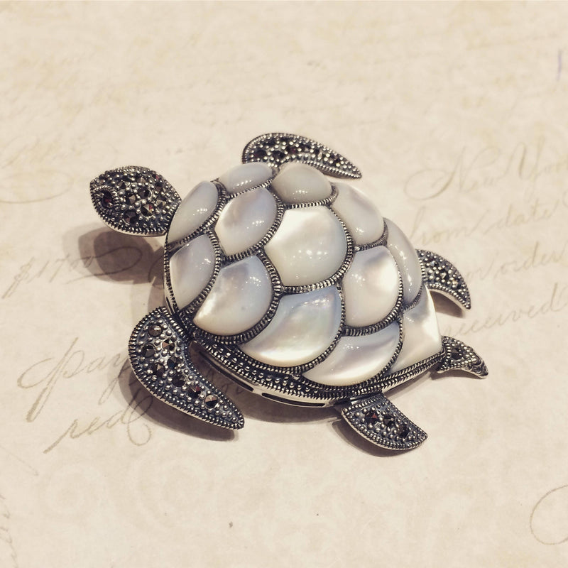 Silver Turtle Brooch Marcasite Mother of Pearl Pin Pendant