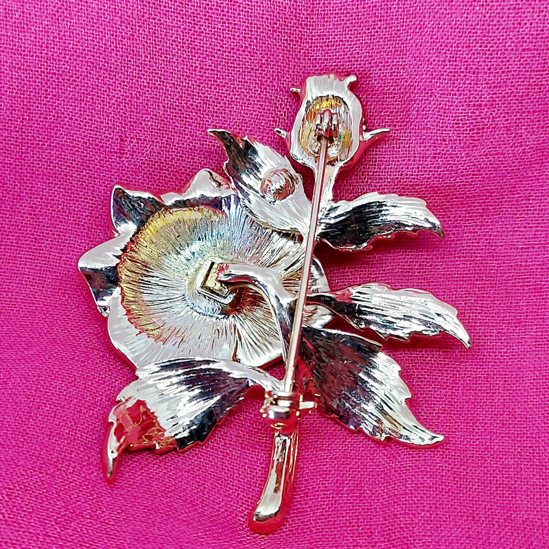 Gold Tone Red Rose Brooch