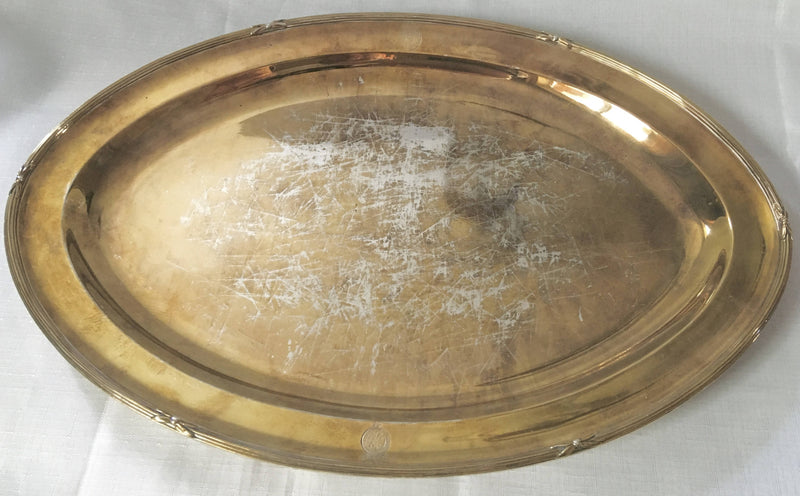 Georgian, George III, crested silver gilt meat tray and meat dish. London 1785 James Young. 123.8 troy ounces.