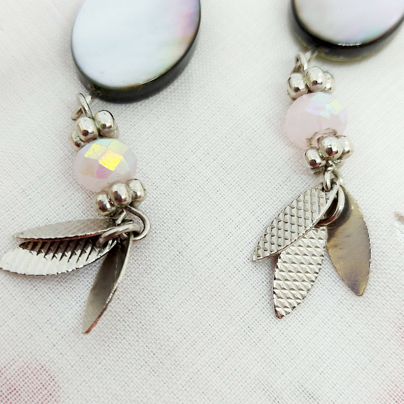 Silver Tone, Shell Effect and Pink Paste Drop Earrings