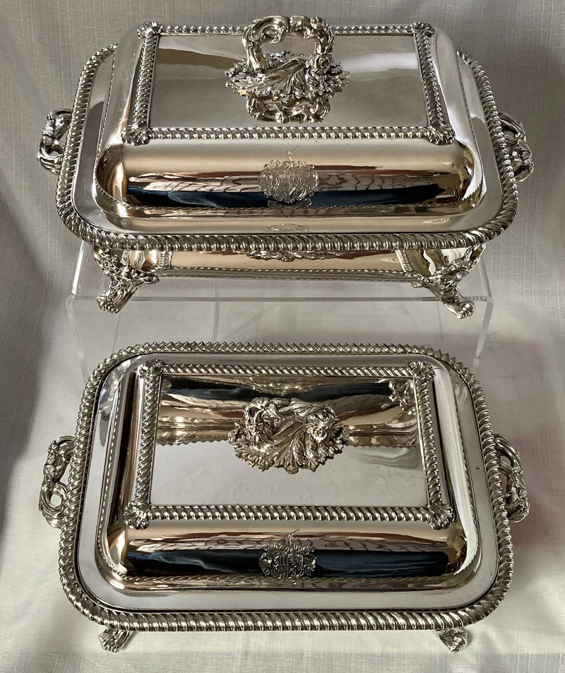 Georgian, George IV, Pair of Old Sheffield Plate Entree Dishes & Covers on Warming Stands. Marital Arms of Dickson & Huntley, circa 1820 - 1830.
