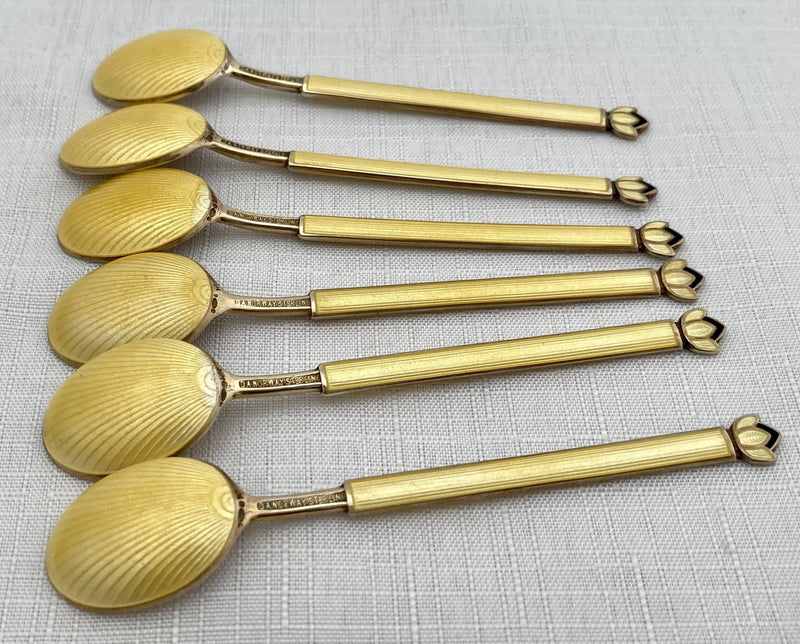 Cased Set of Six Art Deco Silver Gilt & Guilloche Enamel Demitasse Spoons. David Andersen, Norway. 2 troy ounces.