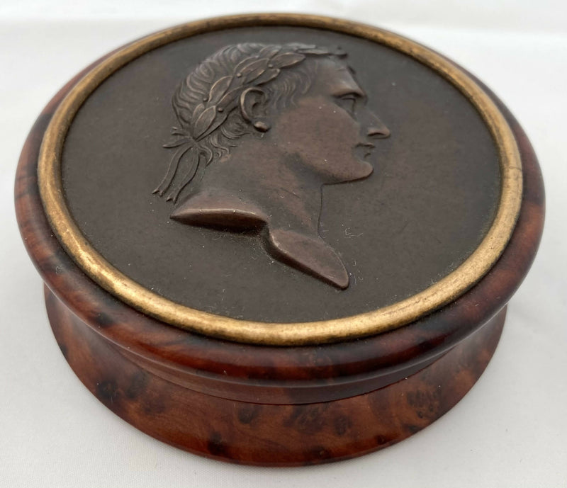 Napoleon Bonaparte Wooden Snuff Box Inset With A Bronze Medallion.