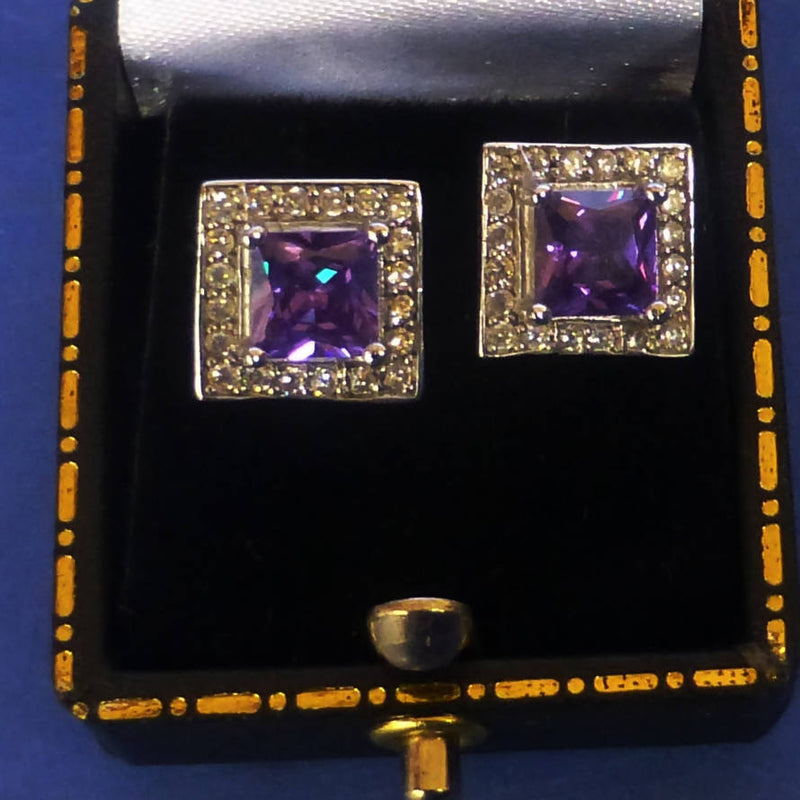 Silver Purple and White Cubic Zirconia Earrings