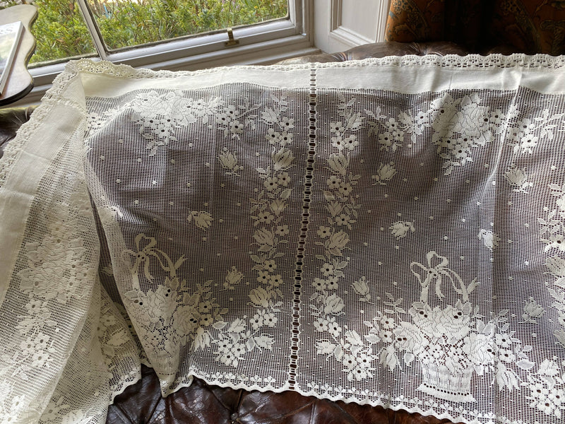 Floral pannier Vintage Heritage cotton lace Curtain Panelling - 22” wide per basket