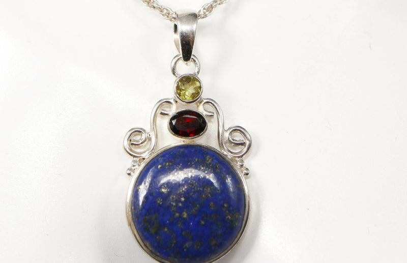 Silver Lapis Lazuli, Citrine & Garnet Designer Pendant & Chain
