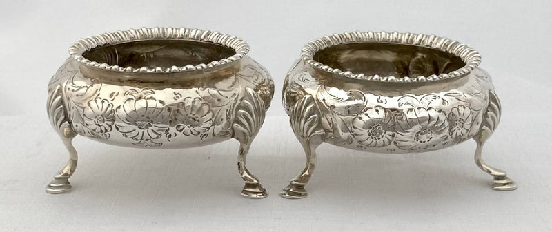 Victorian Pair of Large Crested Silver Salts. London 1856 Henry Holland. 6 troy ounces.