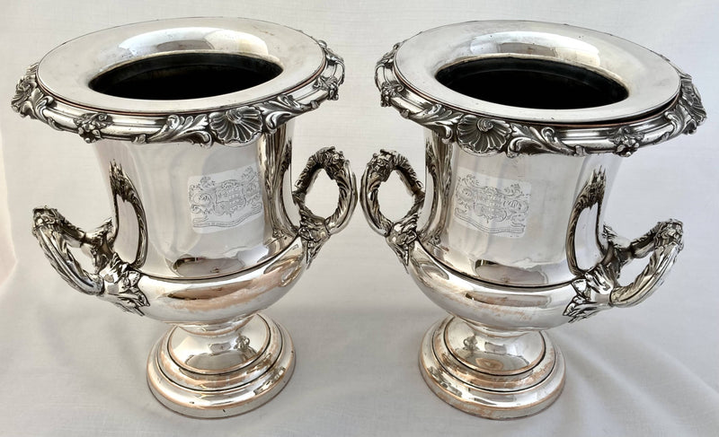 Georgian, George IV, Pair of Old Sheffield Plate Armorial Wine Coolers. Blagden, Hodgson & Co, Sheffield circa 1820.