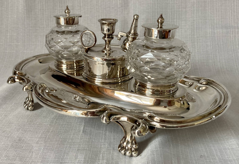 Georgian Style Silver Plated Inkstand with Twin Inkwells & Taperstick Holder.