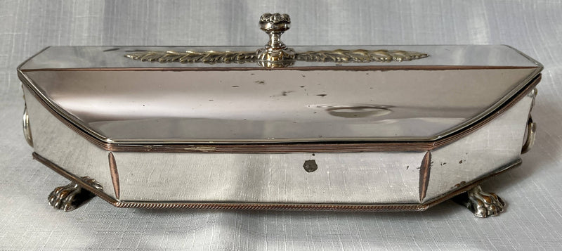 19th century Sheffield Plated octagonal inkstand with lion mask handles & lion paw feet, circa 1830 - 1850.