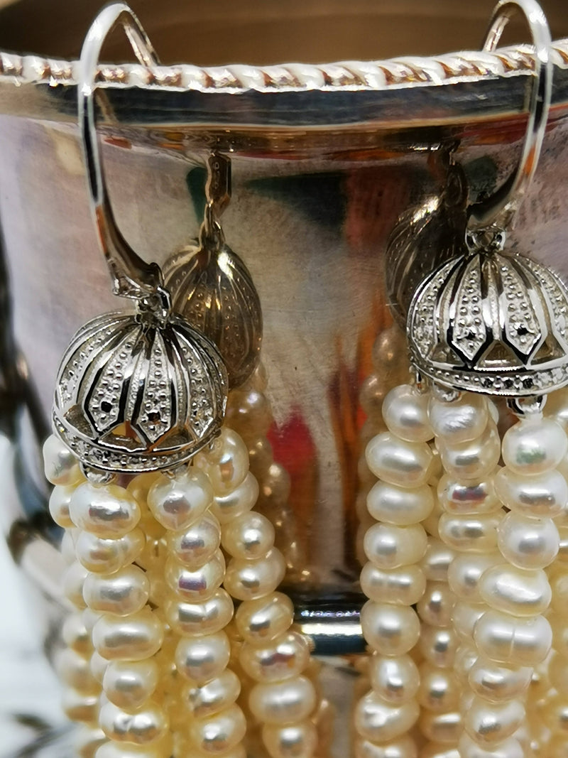 New Silver Freshwater Pearl Filigree Tassel Long Chandelier Statement Earrings