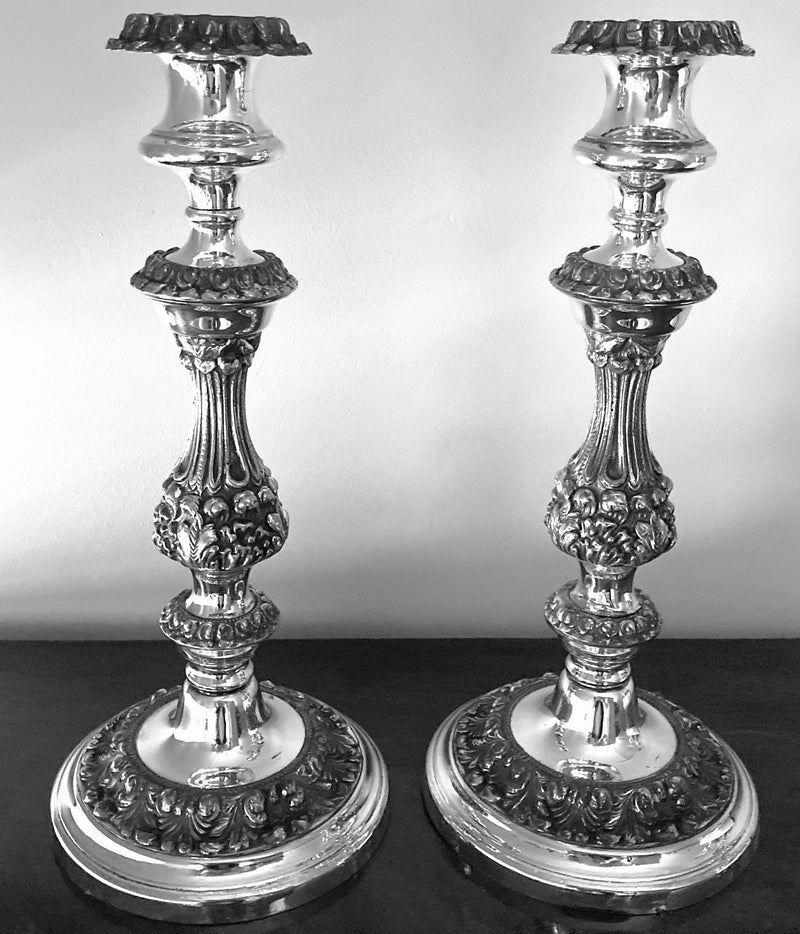 Georgian, George IV period, pair of Old Sheffield Plate candlesticks, circa 1820 - 1830.