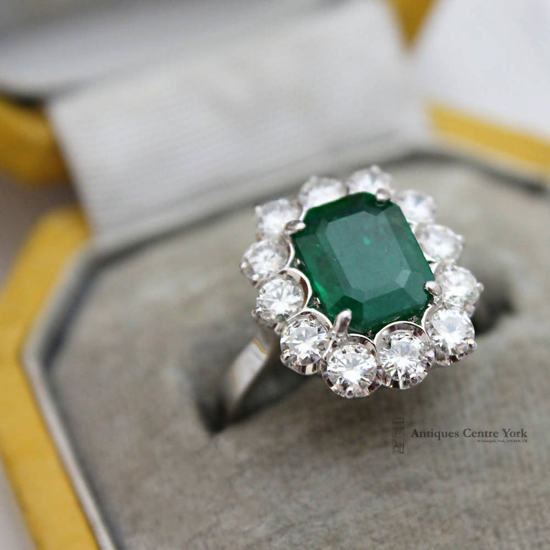 18ct White Gold Emerald 1.75ct & Diamond 1.20ct Rectangular Cluster Ring