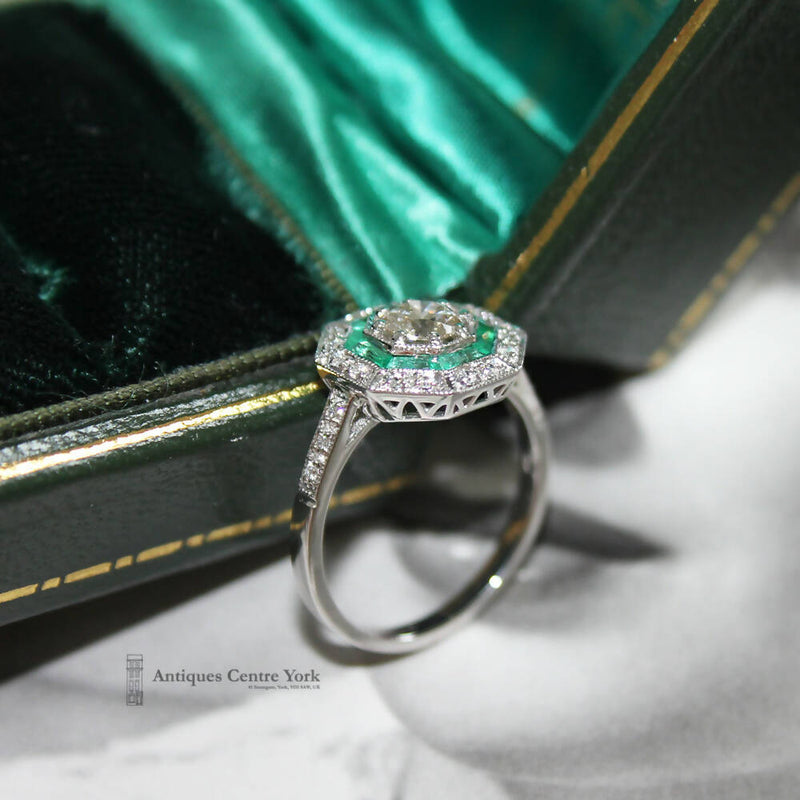 Art Deco Style 18ct White Gold Diamond & Emerald Cluster Ring