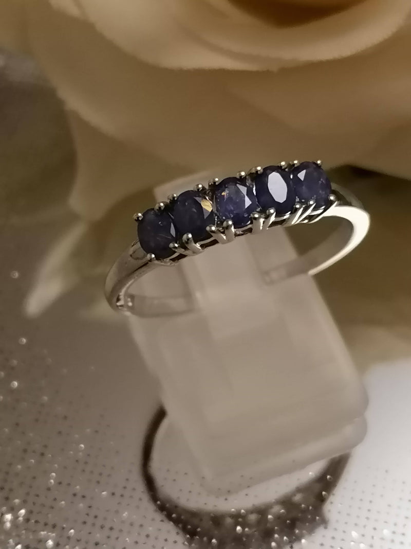 New Burmese Sapphire 5 Stone Sterling Silver Ring - Size R/S