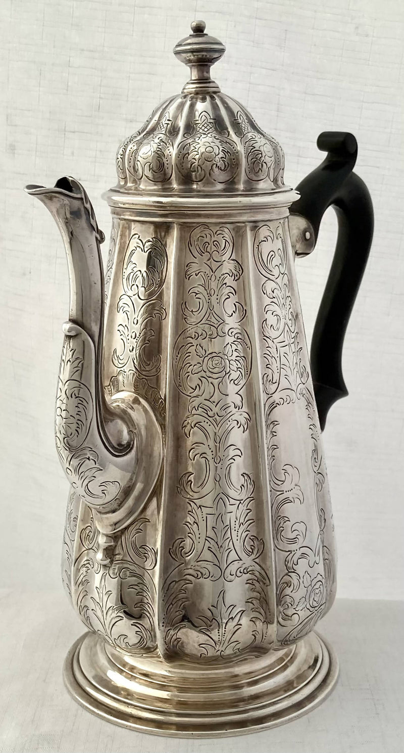 Georgian, George II, Silver Coffee Pot, Crest of Sewell. London 1735 John Fossey. 28 troy ounces.