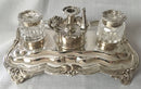 William IV silver inkstand with twin inkwells and taperstick holder with snuffer. London 1834 Joseph Angell I & John Angell I. 16 troy ounces.