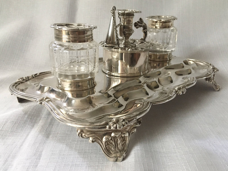 William IV silver inkstand with twin inkwells and taperstick holder with snuffer. London 1834 Joseph Angell I & John Angell I. 16 troy ounces.