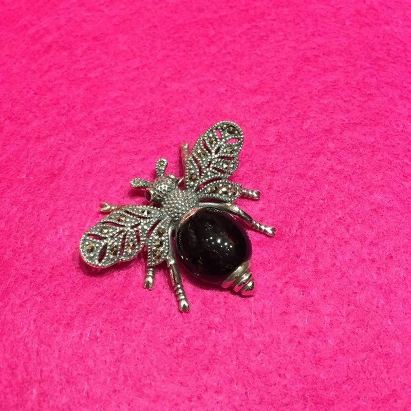 Silver Black Bee Brooch Marcasite pin