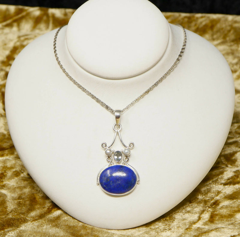 Silver, Lapis Lazuli, Topaz & Pearl Designer Pendant & Chain