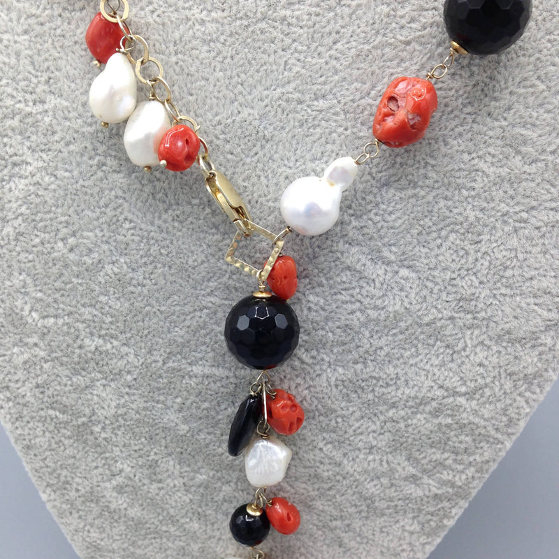 Silver gilt, red coral and baroque pearl necklace