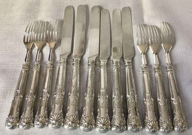 Victorian silver Kings pattern dessert knives & forks for twelve persons. Sheffield 1863 Aaron Hadfield.