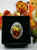 New Glorious Bi-coloured Amber (20x30mm) 925 Sterling Silver Ring - Size Adjustable