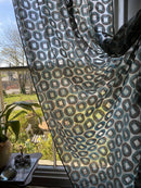 Squircles funky -contemporary Style Madras Blue /brown Cotton Lace Curtain Panel remnant 68”/86”