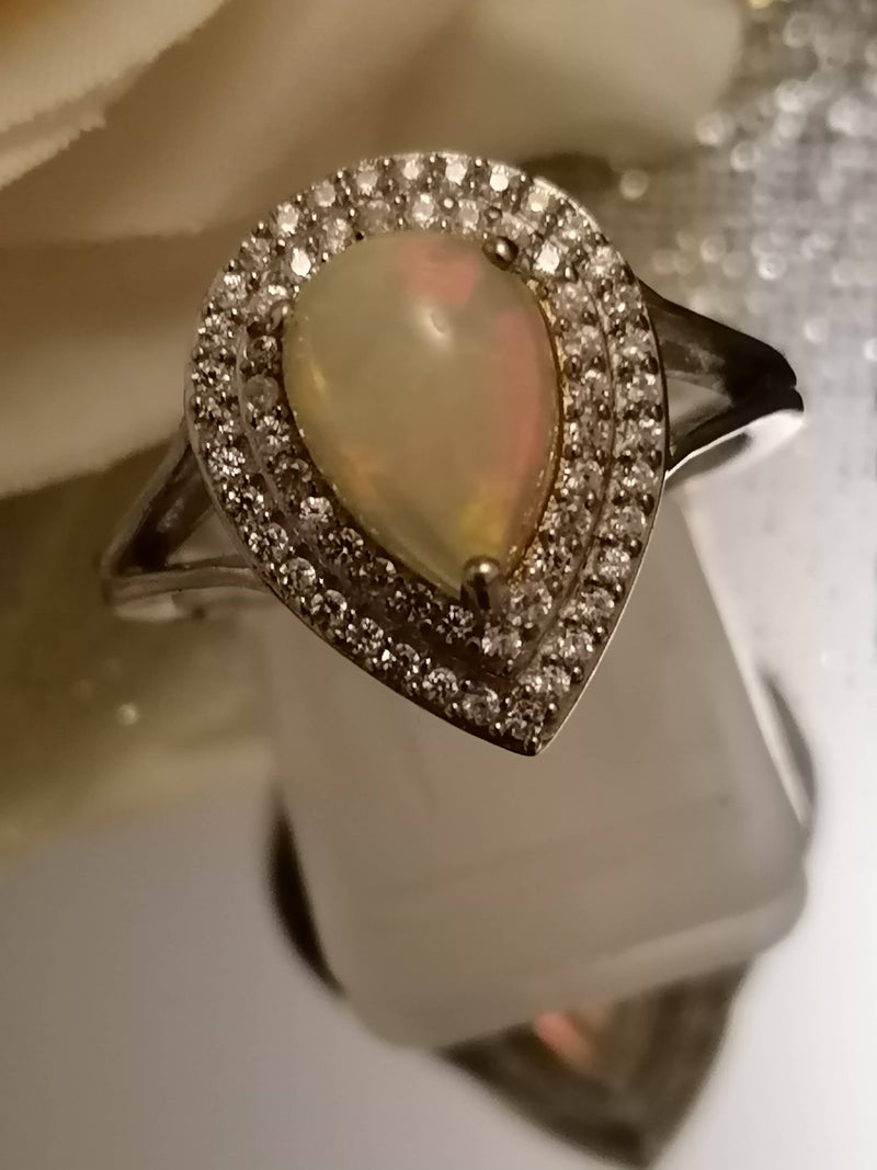 New Ethiopian opal & Cambodian Zircon Sterling Silver Ring - Size P