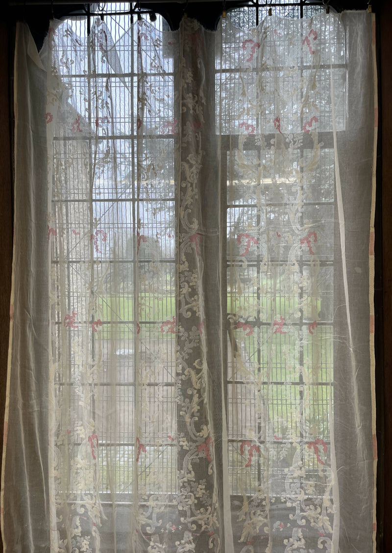 Scottish Madras Panel Curtain Remnant to finish with Delicate Pink Floral Design 66” / 32”