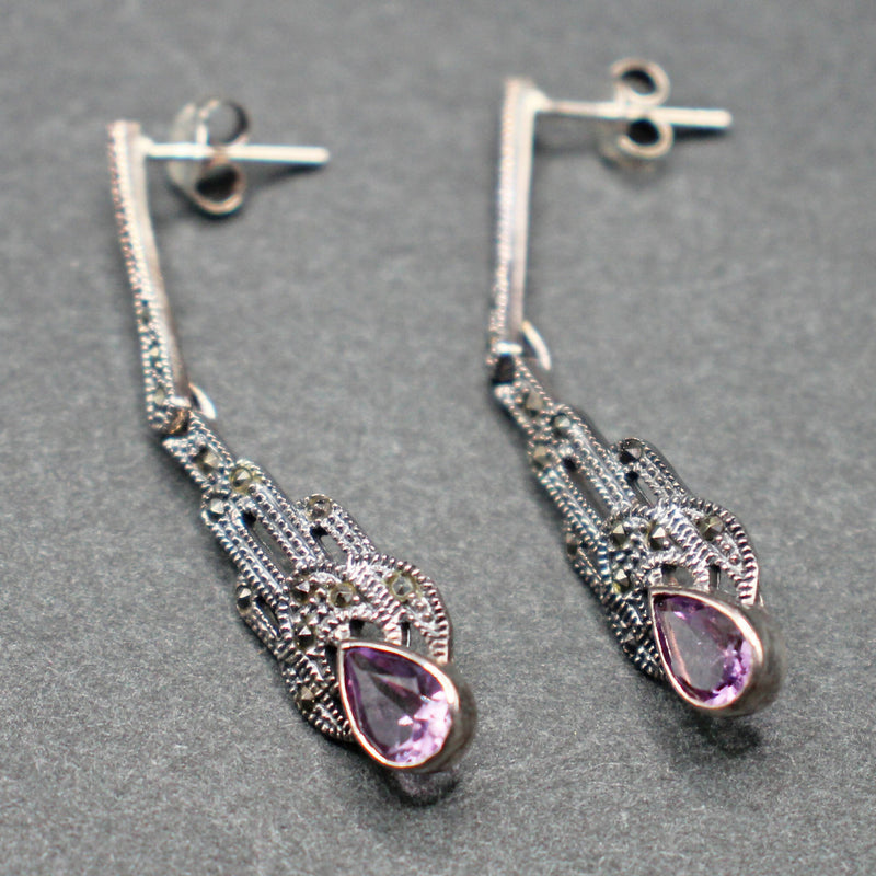 Silver marcasite and amethyst drop earrings