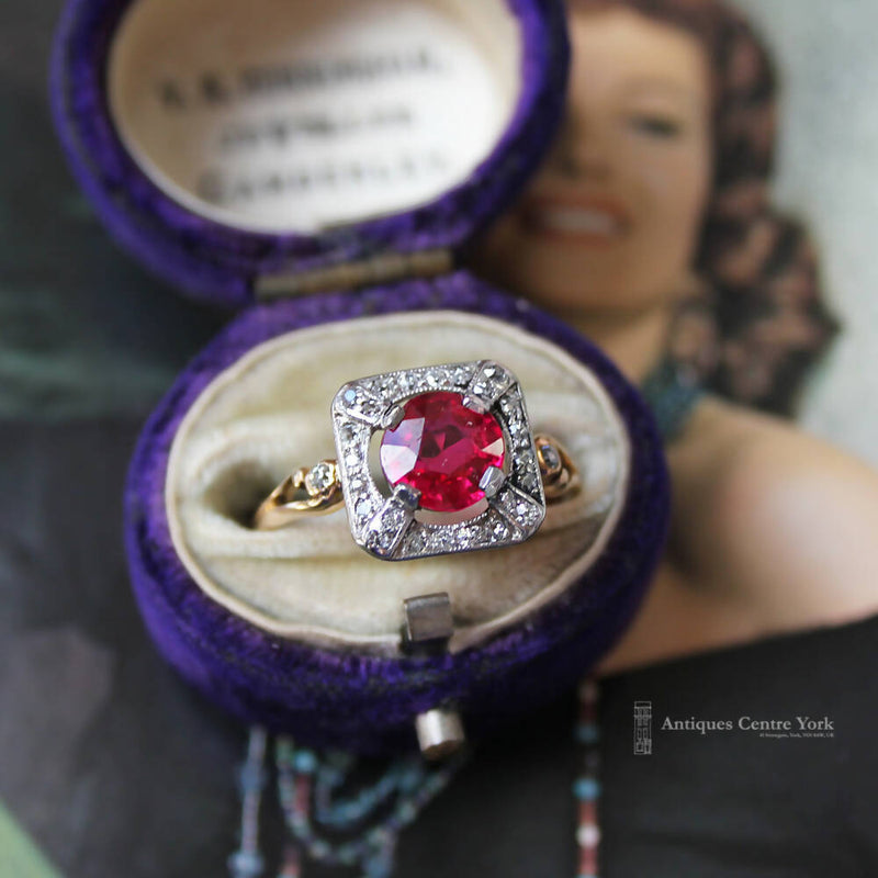Edwardian 18ct "Ruby" & Diamond Cluster Ring