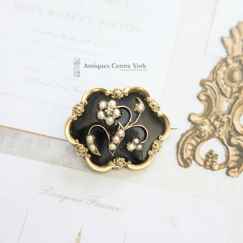 Victorian Gold, Enamel & Pearl Mourning Brooch
