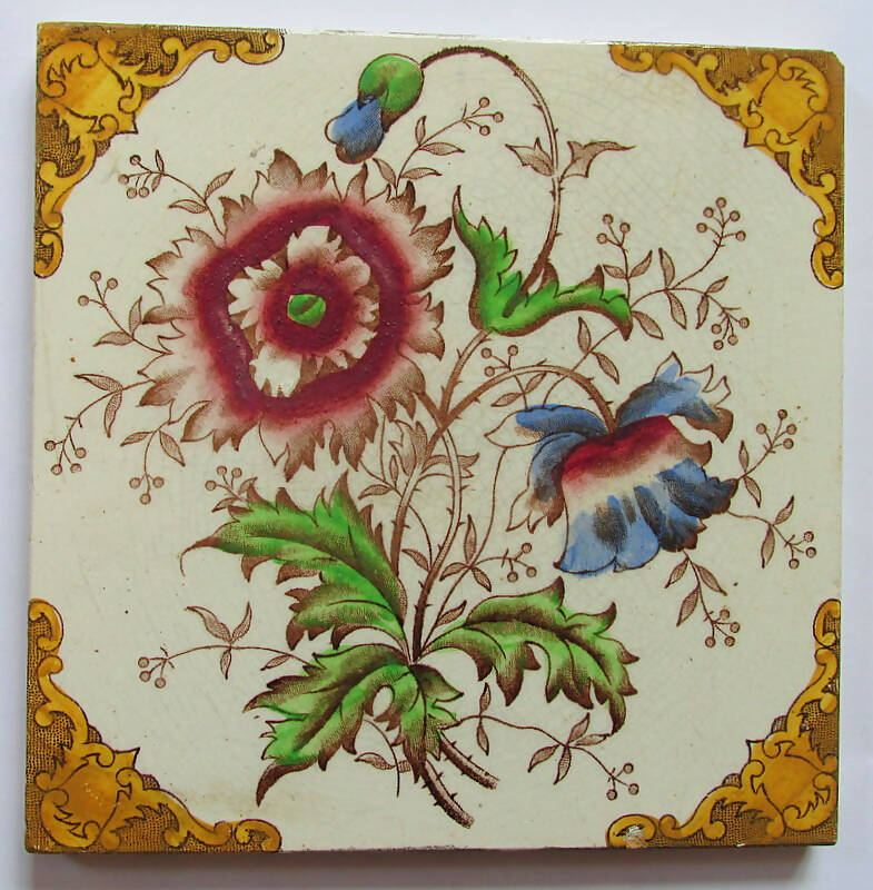Vintage Art Nouveau Style Floral Decorated Ceramic Tile