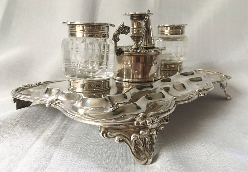 William IV silver inkstand with twin inkwells and taperstick holder with snuffer. London 1834 Joseph Angell I & John Angell I. 16 troy ounces.