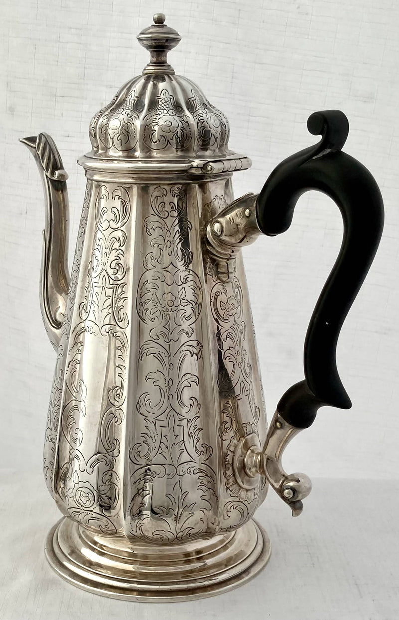 Georgian, George II, Silver Coffee Pot, Crest of Sewell. London 1735 John Fossey. 28 troy ounces.