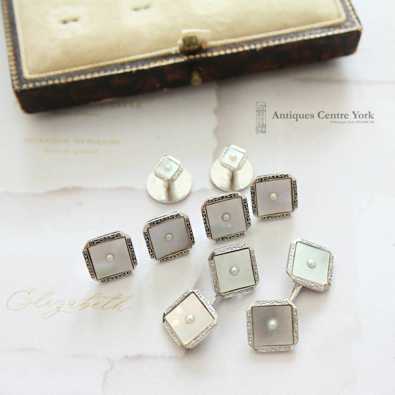 Edwardian 9ct White Gold Mother of Pearl Cufflinks & Button Set