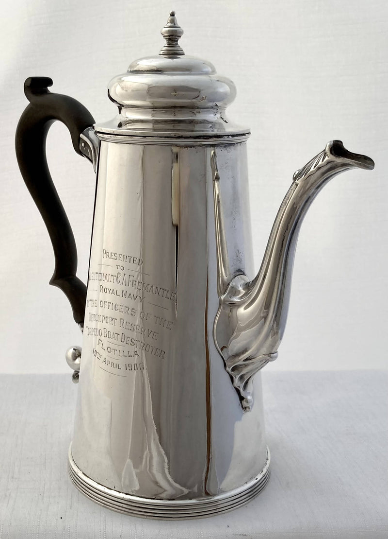 Edwardian Silver Coffee Pot for Lieutenant C.A. Fremantle, Royal Navy. London 1904 Page, Keen & Page. 18 troy ounces.