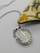 New Flower Engraved Locket Pendant in Rhodium Plated Sterling Silver-16"